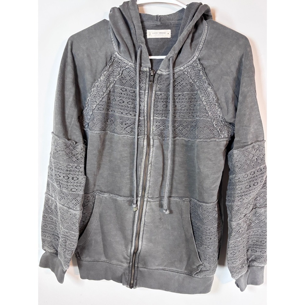 Lucky Brand Womens Gray Crochet Lace Panel Full Zip Hoodie Jacket XS Boho Gray